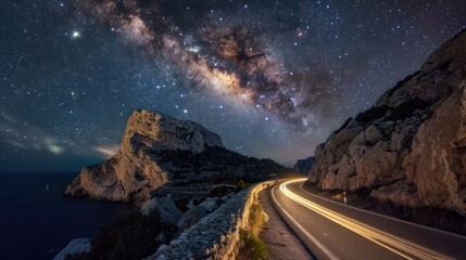 Milky Way Night Drive: Coastal Road Under Starry Sky