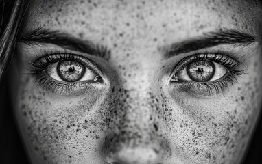 Close-up of a person&rsquo;s striking eyes showcasing beautiful freckles and deep expressions in black and white photography