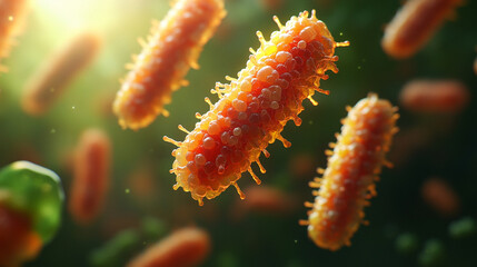 Naklejka premium Microscopic view of probiotics bacteria in human stomach highlighting escherichia coli and other microbes essential for digestion gut health immune system microbiology and medical research