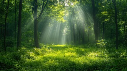 Sunlight streaming through trees in lush forest nature scene tranquil environment serene view