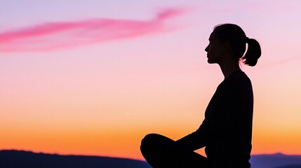side view of a woman silhouette meditating outdoors under a colorful sunset sky, spiritual mindfulness and tranquility concept