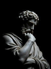 Statue of an ancient stoic philosopher thinking in the darkness. Black background.