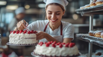 female cake artist smiling while frosting a celebration cake in the bakery kitchen showing meticulous decorating talent and passion for pastry art and culinary education