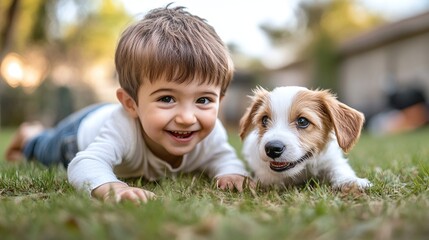 happy young child playing with a puppy in a green backyard showing joyful energy carefree fun and bonding perfect for family lifestyle and pet product promotions