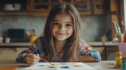 happy and creative young girl using watercolor paints at home kitchen table showing joy in artistic expression and fun indoor activity with children art supplies
