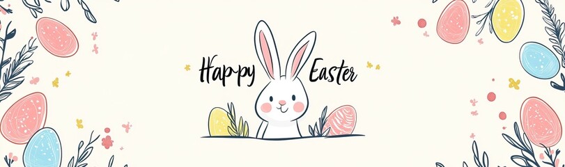Fototapeta premium Cute Easter banner with bunny, eggs, and flowers. AI generated image