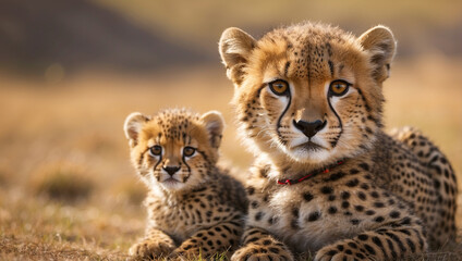 Obraz premium A Charming Scene of a Cheetah with Its Playful Cub, Capturing the Essence of Wildlife