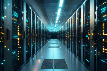 Fototapeta premium server room with a close-up view of the server racks, highlighting the blinking blue, yellow, and white status lights