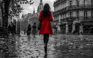 Woman in red coat walks through rainy city streets lined with historic architecture during an autumn afternoon