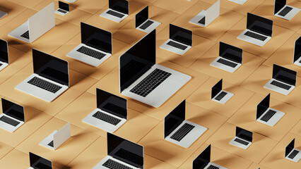 Technological backdrop with laptops and abstract geometric shapes