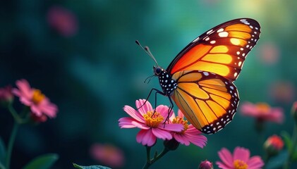 Vibrant butterfly wings blending with flowers in double exposure, photography, summer