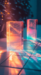 A vibrant display of light splitting through a crystal prism, forming a stunning, colorful spectrum on a modern background, symbolizing refraction, clarity, dispersion, energy, and creativity.

