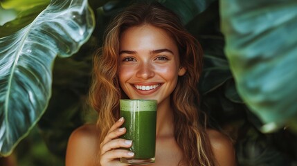 lifestyle wellness and nutrition concept smiling woman enjoying fresh green juice glass with tropical leaves background organic health drink detox beauty vitality and refreshment