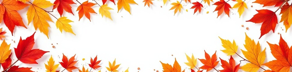 Vibrant fall foliage border with red, yellow, and orange leaves on a white background, colorful, white background