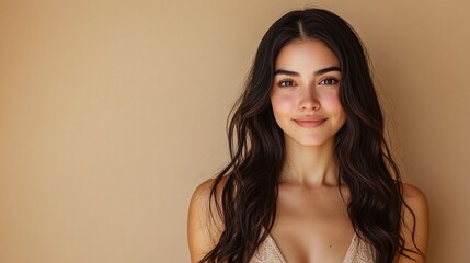 smiling latina woman in an elegant modern outfit showing confidence and charm on a beige background representing beauty trends and fashion for lifestyle magazines