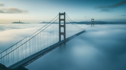 Obraz premium A bridge stretching across an endless fog-covered river