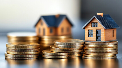 Miniature buildings on stacked coins represent financial growth, investment in real estate, property management success, and economic stability, symbolizing wealth accumulation and business prosperity