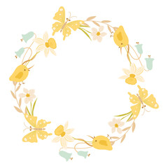 Spring wreath and springtime element, butterflies, flowers and birds, decorative design
