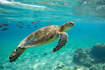 Obraz premium Sea Turtle Swimming in Crystal Clear Blue Ocean