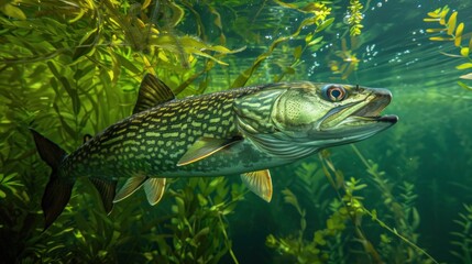 Majestic Muskellunge Underwater: A Close-Up of a Northern Pike in its Aquatic Habitat