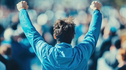 Triumphant Celebration: A Single Figure Rejoices Amidst a Blur of Cheering Spectators