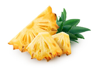 Three pieces of pineapple fruit with leaves isolated on white background, with clipping path