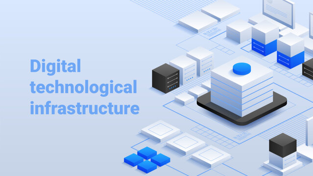 Digital Technological Infrastructure. Modern network connections and digital integration. Efficient data management. Blockchain technology. Vector isometric illustration