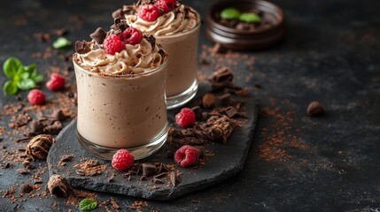 Chocolate raspberry mousse dessert cups being garnished with chocolate shavings