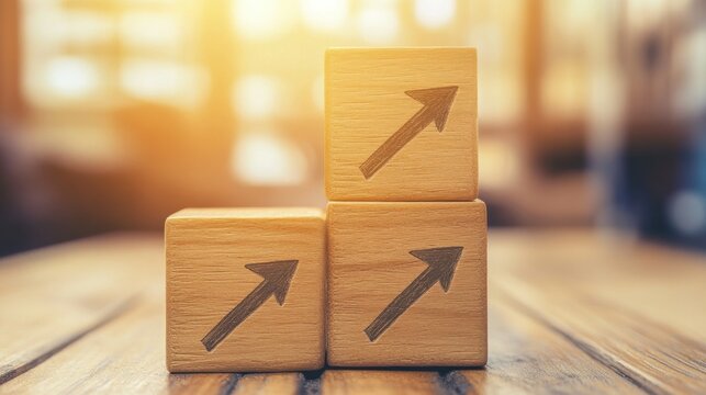 Growth, Progress, and Success: Wooden Blocks Stacked to Symbolizing Upward Trend