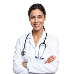 Fototapeta premium Confident female doctor in white lab coat stethoscope around neck exuding expertise and warmth