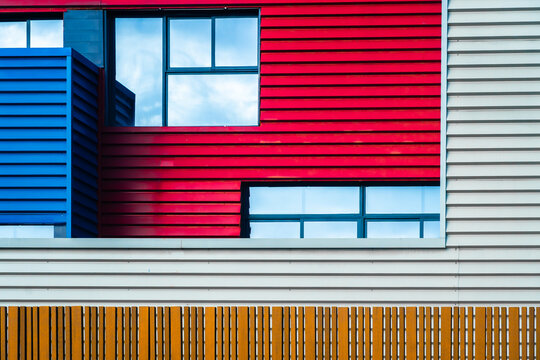 Colorful urban building facade with geometric patterns