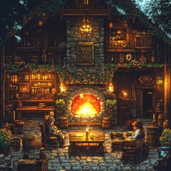 Obraz premium Cozy Rustic Cabin Interior with Warm Fireplace and Bookshelves