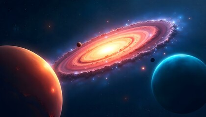 Una obra de arte digital de una galaxia y tres planetas. La galaxia est&aacute; en el centro de la imagen y es una masa brillante y arremolinada de estrellas y gas