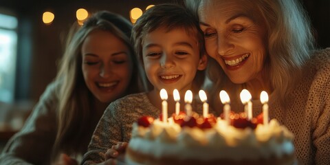 Family celebration with a birthday cake and joyful moments shared between a grandmother, mother, and son