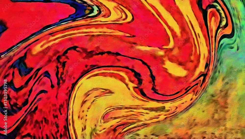 Poster abstract fiery swirl in red and yellow with bold black accents, dynamic vortex design, perfect for m
