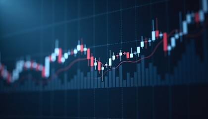 Professional candlestick chart on deep cobalt background illustrating market trends and analysis