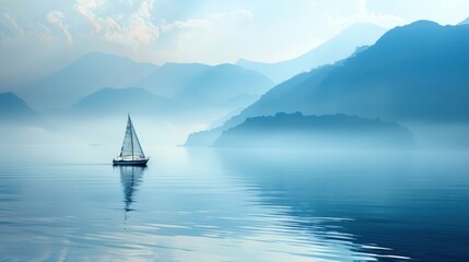Serene Sailboat on Misty Lake, Majestic Mountains in Background