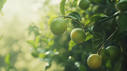 Fresh green natural lime fruits on the tree branches isolated. 