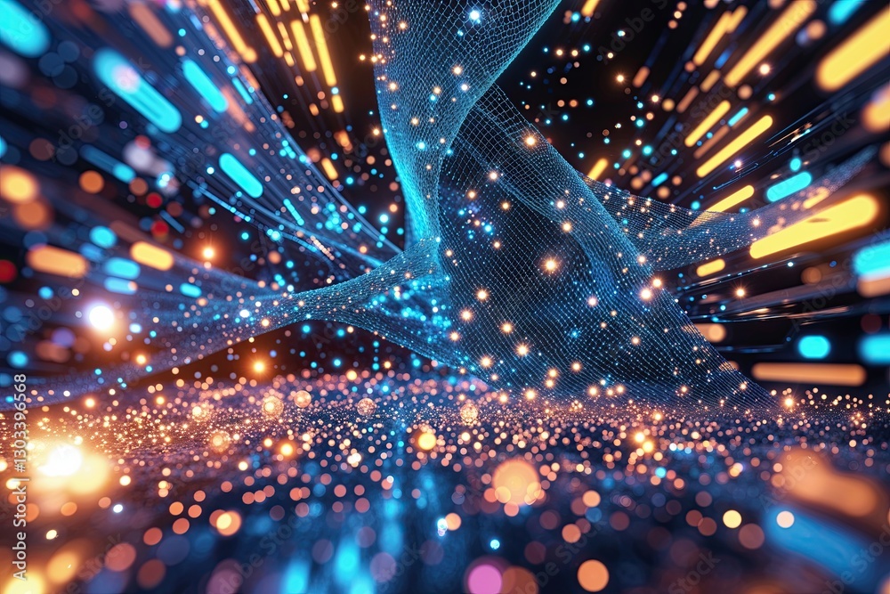 Wall mural dynamic abstract technology background with shimmering particles and flowing mesh design