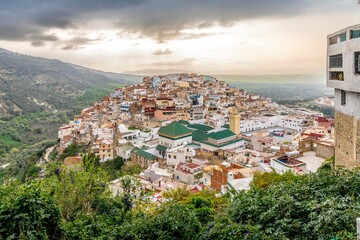 Moulay Idriss Zerhoun, Morocco - March 20, 2024: Pretty view of the town of Moulay Idriss Zerhoun on a hill, Morocco