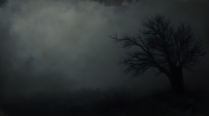 Naklejka premium Moody Dark Foggy Landscape with Bare Tree Silhouette