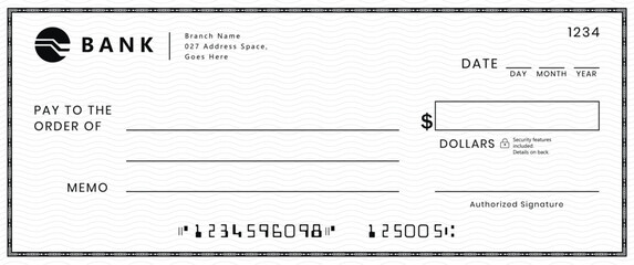 Bank check, vector blank money cheque, checkbook template with guilloche pattern and fields. Currency payment coupon, money check background