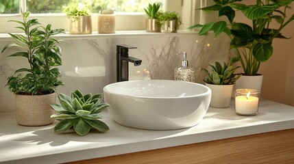Fototapeta premium Sunlit bathroom sink with plants and candles