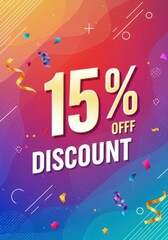A dynamic and vibrant banner announcing a 15% discount, designed with creative fonts and a modern background.