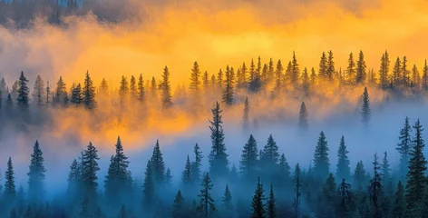 Golden Sunrise Over Misty Forest: A Breathtaking Panorama of Coniferous Trees Bathed in Warm Light