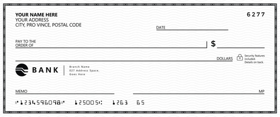 Bank check, vector blank money cheque, checkbook template with guilloche pattern and fields. Currency payment coupon, money check background