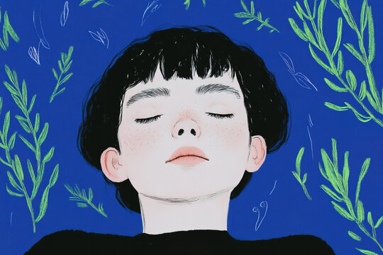Serene illustration of a person surrounded by lush plants