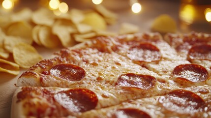 Delicious Pepperoni Pizza Delight with Crispy Chips for Night Time Indulgence