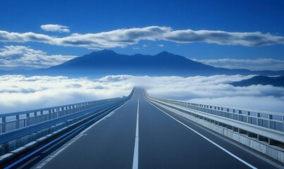 A wide highway with white lines leading to the horizon, with a blue sky and clouds in the background