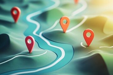 Abstract Representation of Customer Journey Concept with Colorful Location Markers on a Winding Path